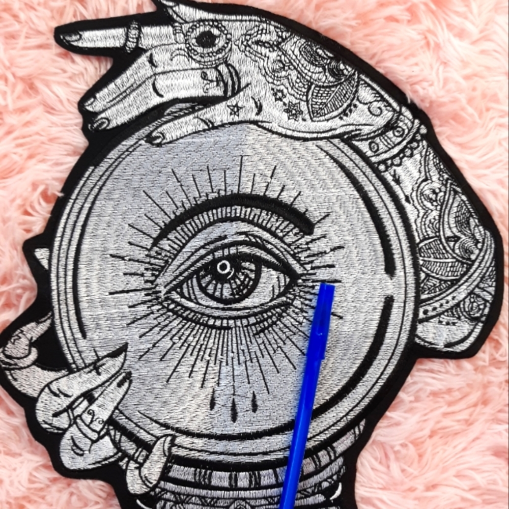 LAST 1! XXXL stunning huge crystal ball w tattooed hands IRON ON patch - Picture 1 of 12